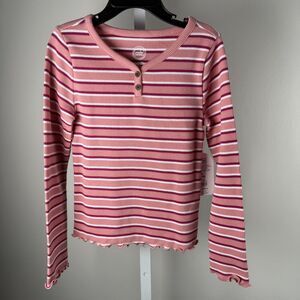 Girls Long Sleeve Henley‎ Tee S 6/6x Pink White Stripped Waffle Texture Classic